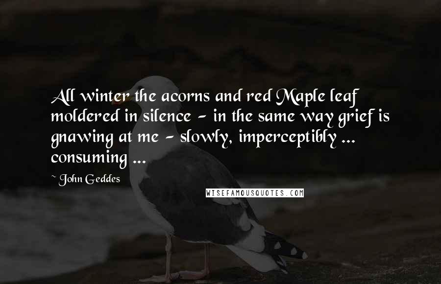 John Geddes Quotes: All winter the acorns and red Maple leaf moldered in silence - in the same way grief is gnawing at me - slowly, imperceptibly ... consuming ...