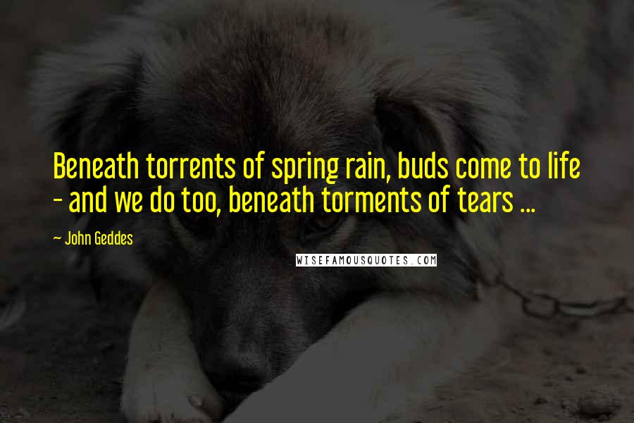 John Geddes Quotes: Beneath torrents of spring rain, buds come to life - and we do too, beneath torments of tears ...