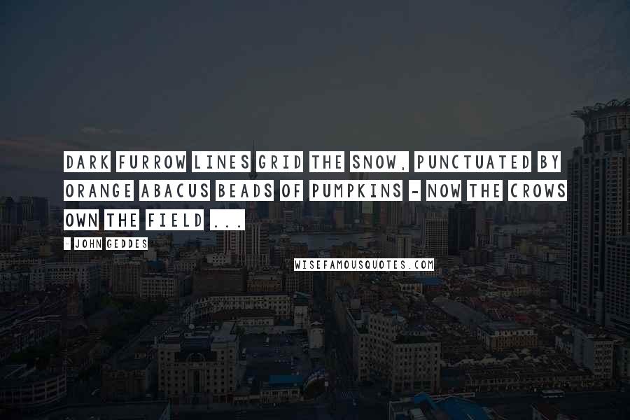 John Geddes Quotes: Dark furrow lines grid the snow, punctuated by orange abacus beads of pumpkins - now the crows own the field ...