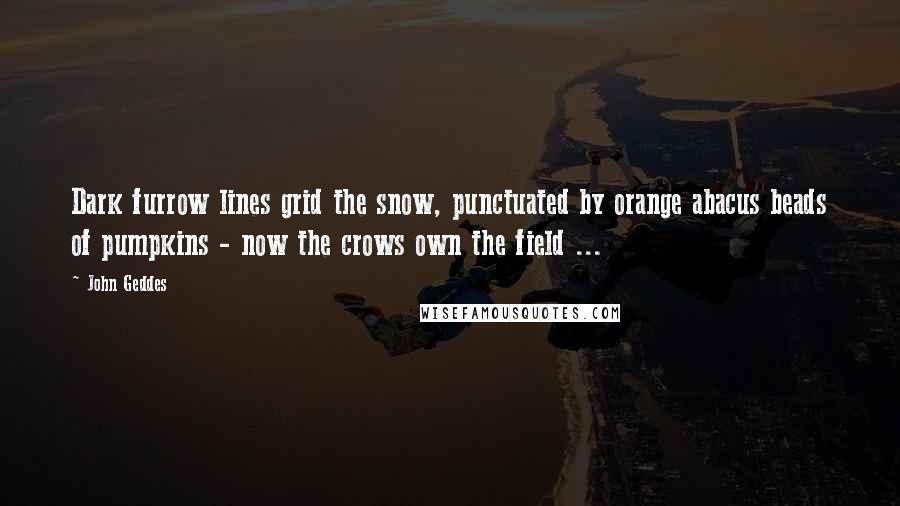 John Geddes Quotes: Dark furrow lines grid the snow, punctuated by orange abacus beads of pumpkins - now the crows own the field ...