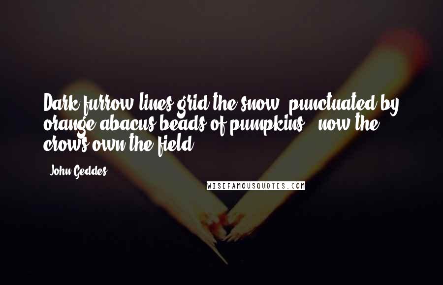 John Geddes Quotes: Dark furrow lines grid the snow, punctuated by orange abacus beads of pumpkins - now the crows own the field ...