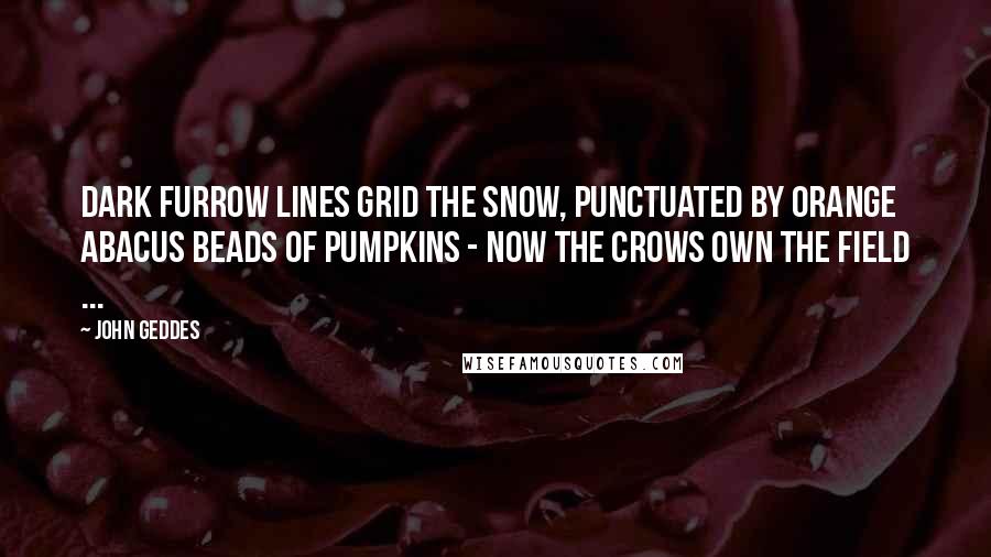 John Geddes Quotes: Dark furrow lines grid the snow, punctuated by orange abacus beads of pumpkins - now the crows own the field ...