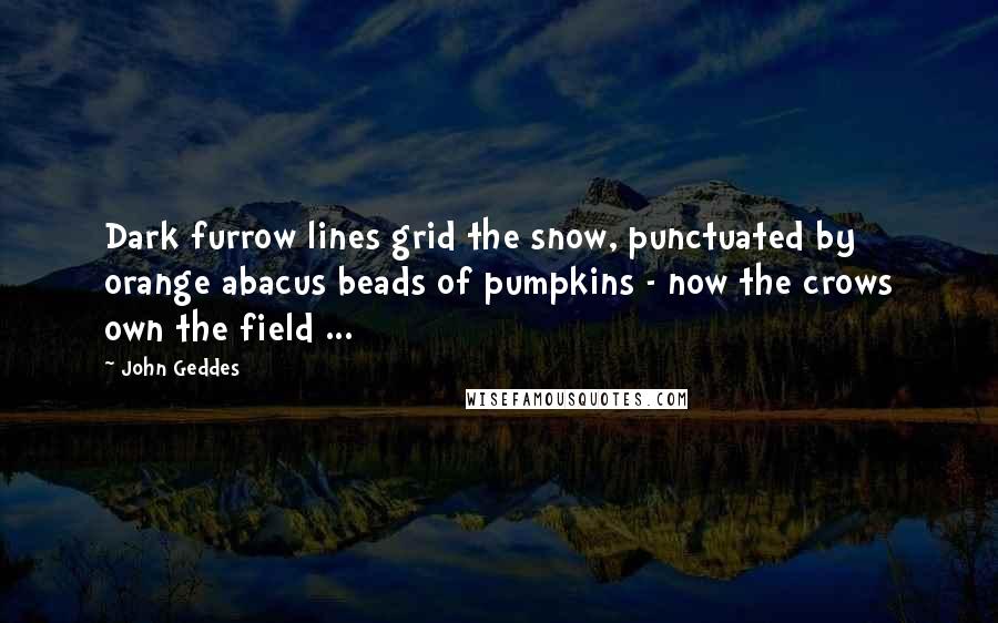 John Geddes Quotes: Dark furrow lines grid the snow, punctuated by orange abacus beads of pumpkins - now the crows own the field ...