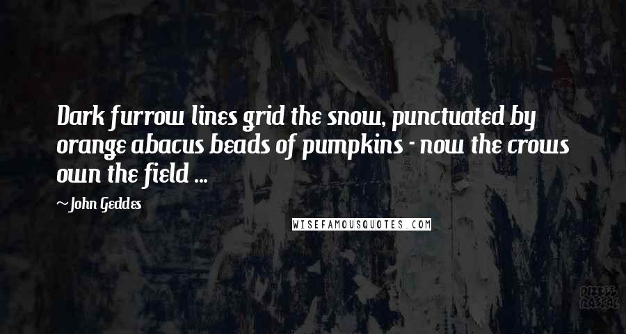 John Geddes Quotes: Dark furrow lines grid the snow, punctuated by orange abacus beads of pumpkins - now the crows own the field ...