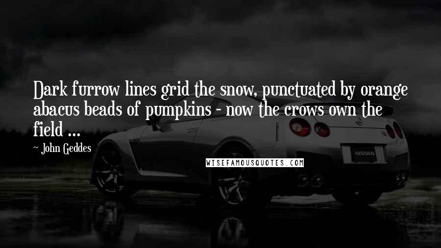 John Geddes Quotes: Dark furrow lines grid the snow, punctuated by orange abacus beads of pumpkins - now the crows own the field ...