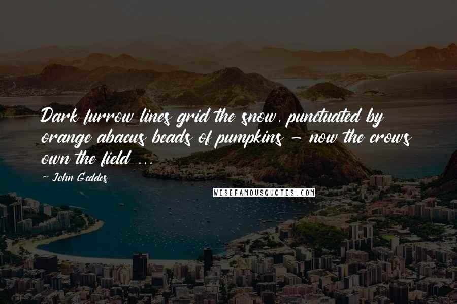 John Geddes Quotes: Dark furrow lines grid the snow, punctuated by orange abacus beads of pumpkins - now the crows own the field ...