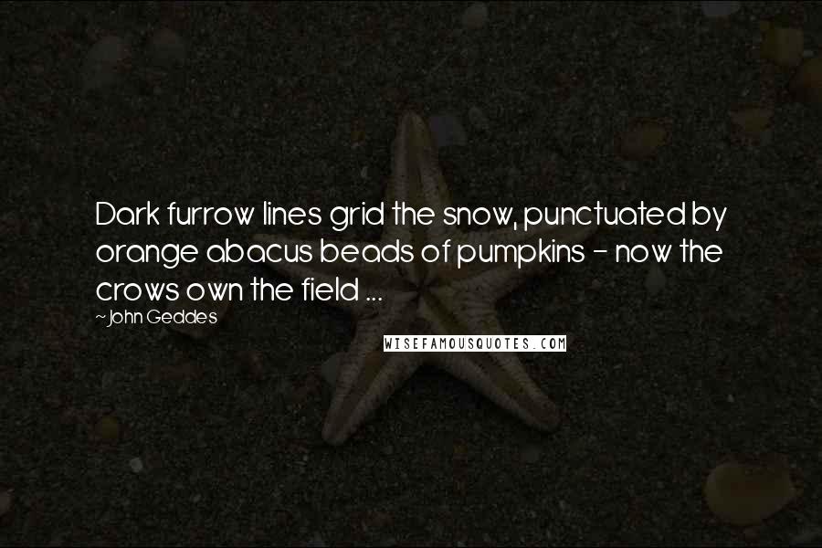 John Geddes Quotes: Dark furrow lines grid the snow, punctuated by orange abacus beads of pumpkins - now the crows own the field ...