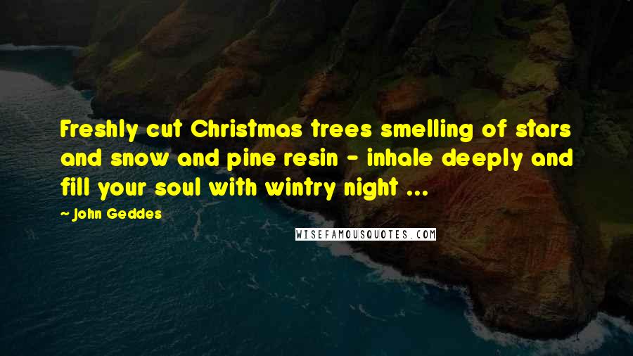 John Geddes Quotes: Freshly cut Christmas trees smelling of stars and snow and pine resin - inhale deeply and fill your soul with wintry night ...