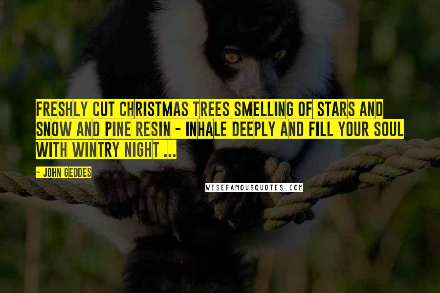 John Geddes Quotes: Freshly cut Christmas trees smelling of stars and snow and pine resin - inhale deeply and fill your soul with wintry night ...