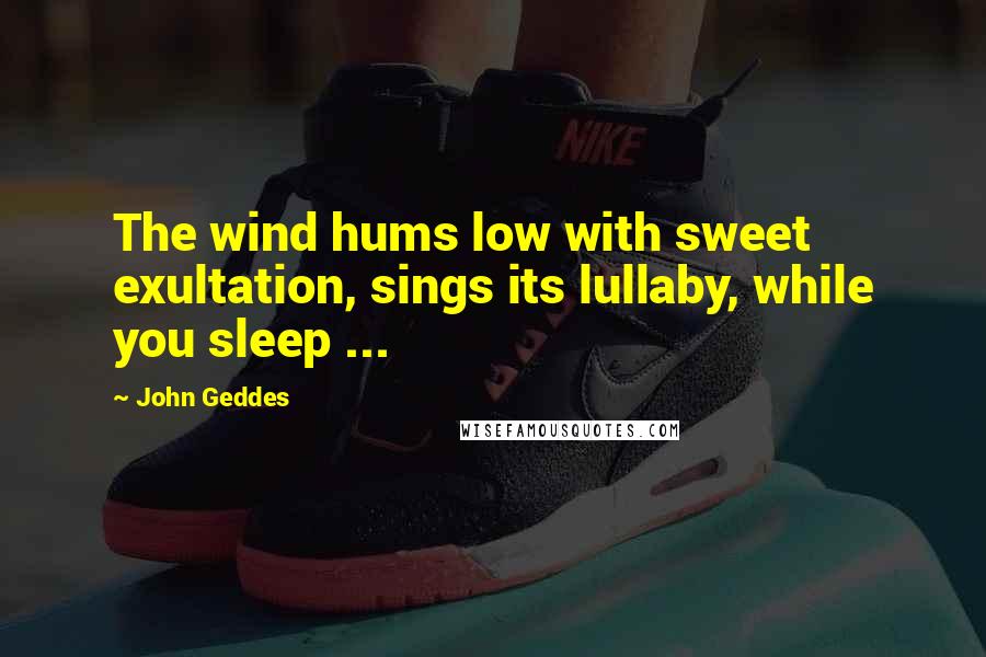 John Geddes Quotes: The wind hums low with sweet exultation, sings its lullaby, while you sleep ...