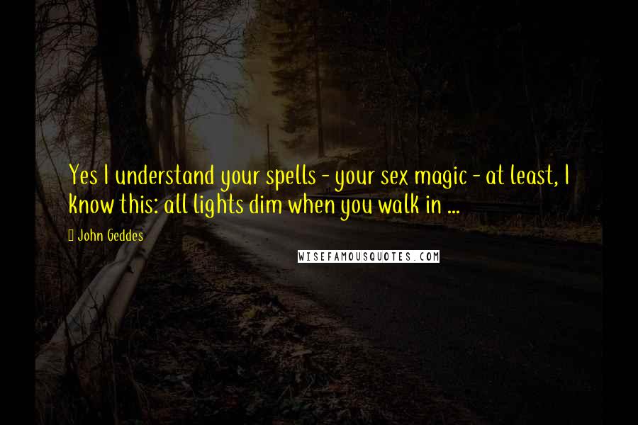 John Geddes Quotes: Yes I understand your spells - your sex magic - at least, I know this: all lights dim when you walk in ...