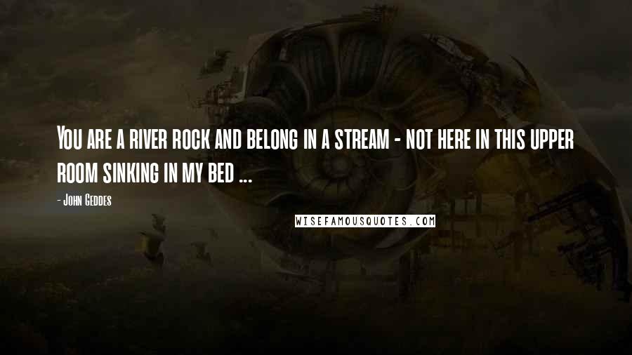 John Geddes Quotes: You are a river rock and belong in a stream - not here in this upper room sinking in my bed ...