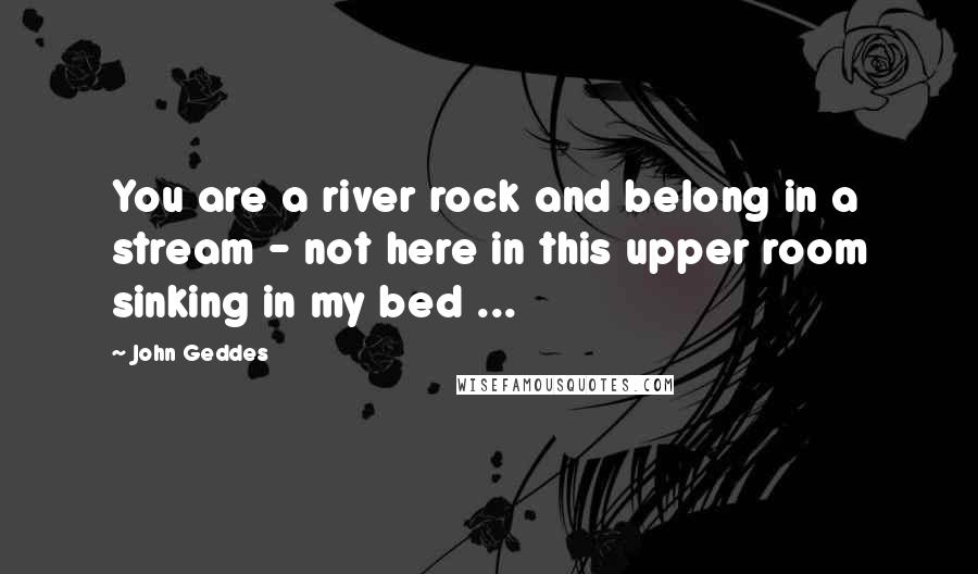 John Geddes Quotes: You are a river rock and belong in a stream - not here in this upper room sinking in my bed ...