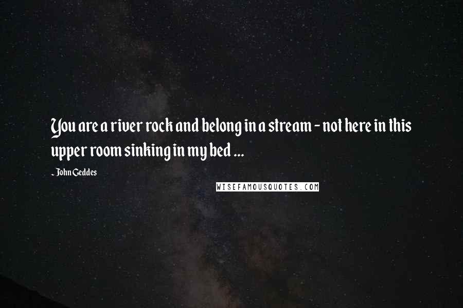 John Geddes Quotes: You are a river rock and belong in a stream - not here in this upper room sinking in my bed ...