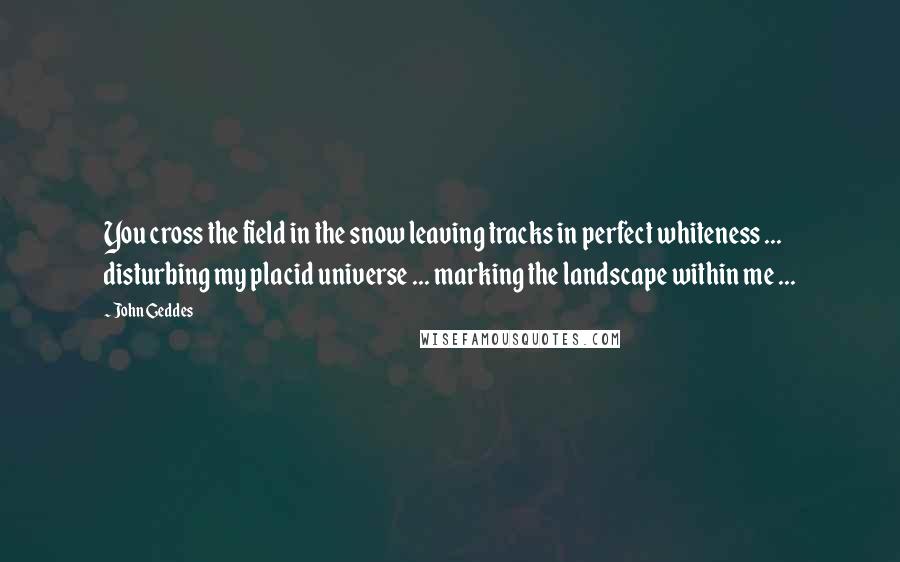 John Geddes Quotes: You cross the field in the snow leaving tracks in perfect whiteness ... disturbing my placid universe ... marking the landscape within me ...