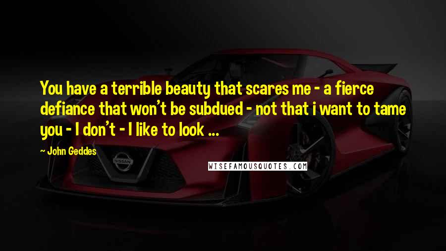 John Geddes Quotes: You have a terrible beauty that scares me - a fierce defiance that won't be subdued - not that i want to tame you - I don't - I like to look ...