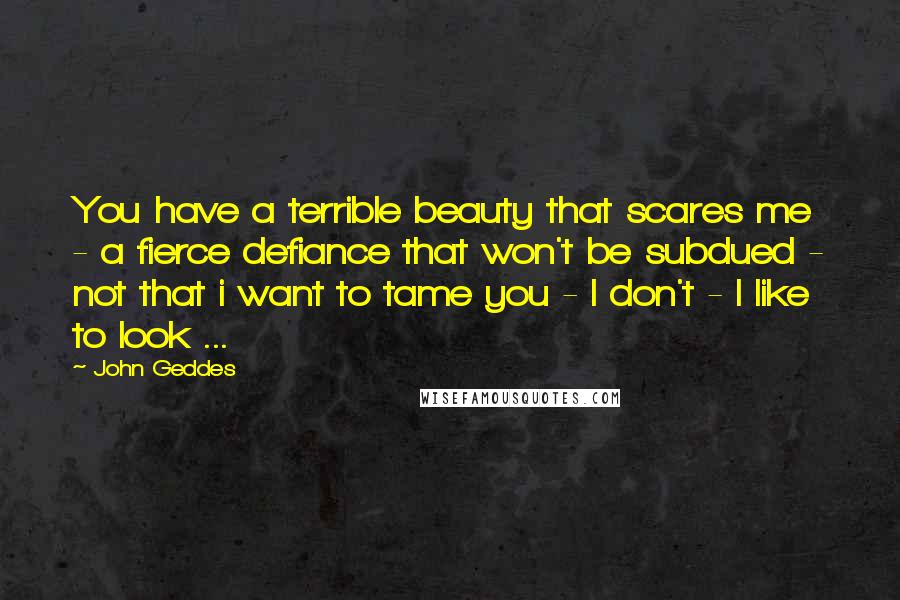 John Geddes Quotes: You have a terrible beauty that scares me - a fierce defiance that won't be subdued - not that i want to tame you - I don't - I like to look ...