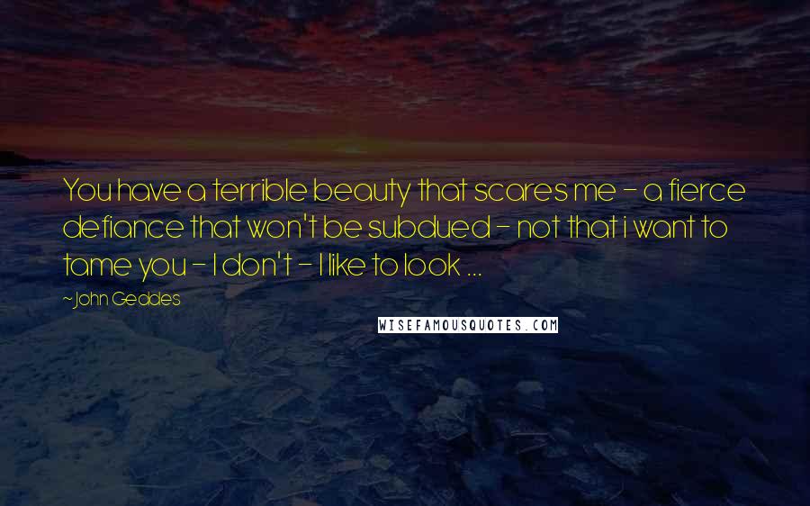 John Geddes Quotes: You have a terrible beauty that scares me - a fierce defiance that won't be subdued - not that i want to tame you - I don't - I like to look ...