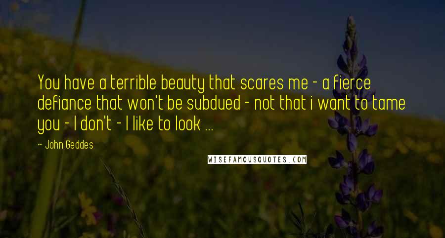 John Geddes Quotes: You have a terrible beauty that scares me - a fierce defiance that won't be subdued - not that i want to tame you - I don't - I like to look ...