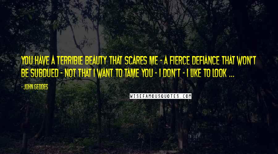 John Geddes Quotes: You have a terrible beauty that scares me - a fierce defiance that won't be subdued - not that i want to tame you - I don't - I like to look ...