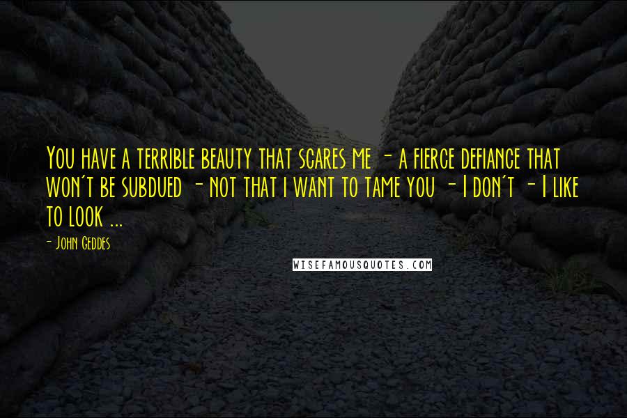John Geddes Quotes: You have a terrible beauty that scares me - a fierce defiance that won't be subdued - not that i want to tame you - I don't - I like to look ...