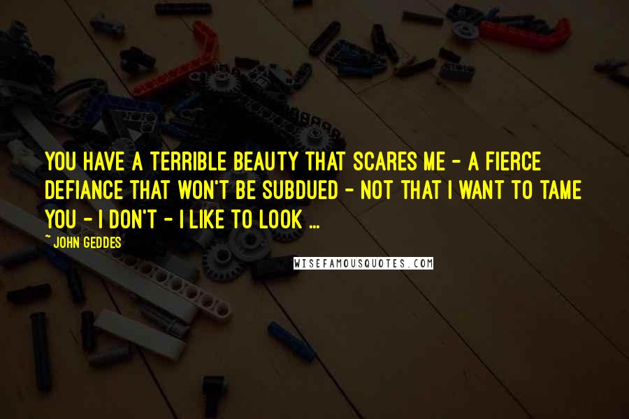 John Geddes Quotes: You have a terrible beauty that scares me - a fierce defiance that won't be subdued - not that i want to tame you - I don't - I like to look ...
