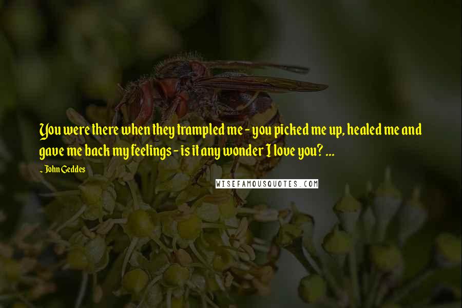 John Geddes Quotes: You were there when they trampled me - you picked me up, healed me and gave me back my feelings - is it any wonder I love you? ...