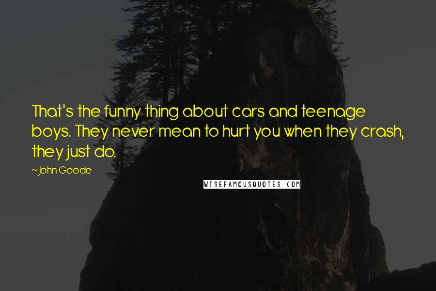 John Goode Quotes: That's the funny thing about cars and teenage boys. They never mean to hurt you when they crash, they just do.