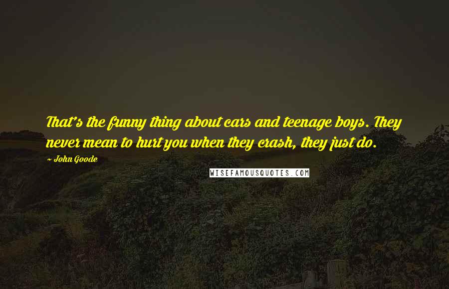 John Goode Quotes: That's the funny thing about cars and teenage boys. They never mean to hurt you when they crash, they just do.