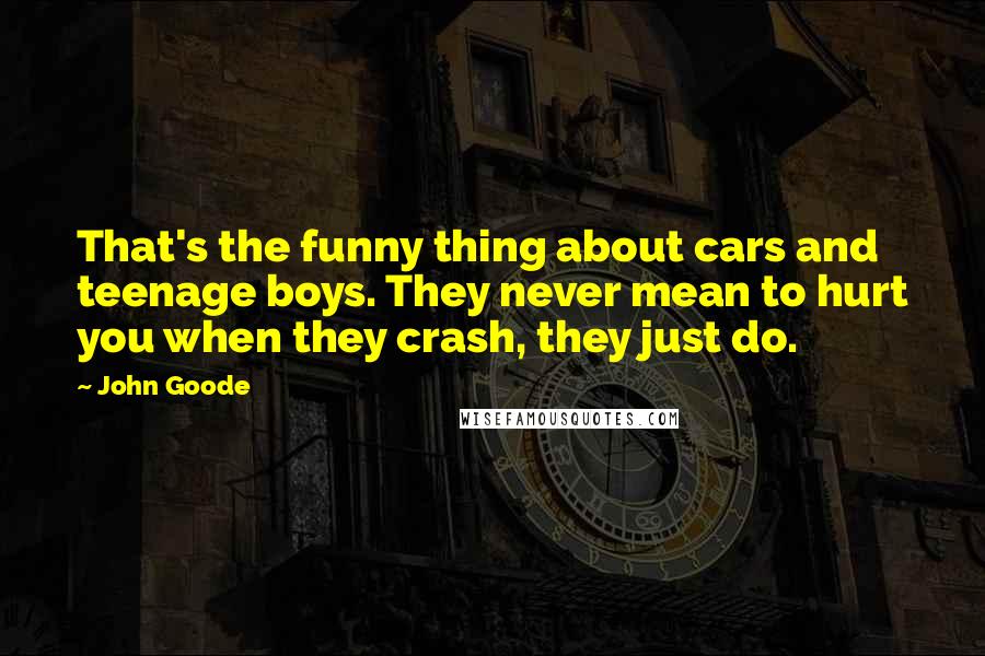 John Goode Quotes: That's the funny thing about cars and teenage boys. They never mean to hurt you when they crash, they just do.
