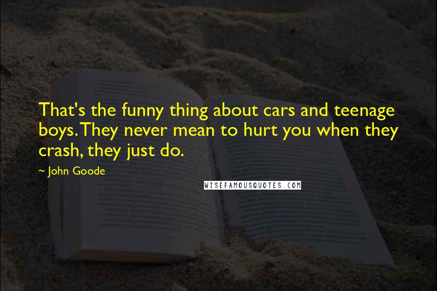 John Goode Quotes: That's the funny thing about cars and teenage boys. They never mean to hurt you when they crash, they just do.