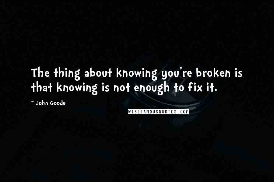 John Goode Quotes: The thing about knowing you're broken is that knowing is not enough to fix it.