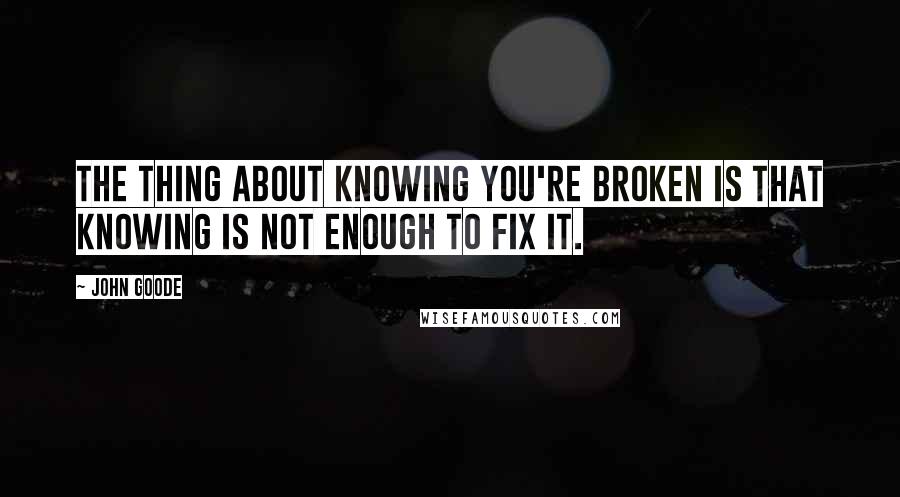 John Goode Quotes: The thing about knowing you're broken is that knowing is not enough to fix it.