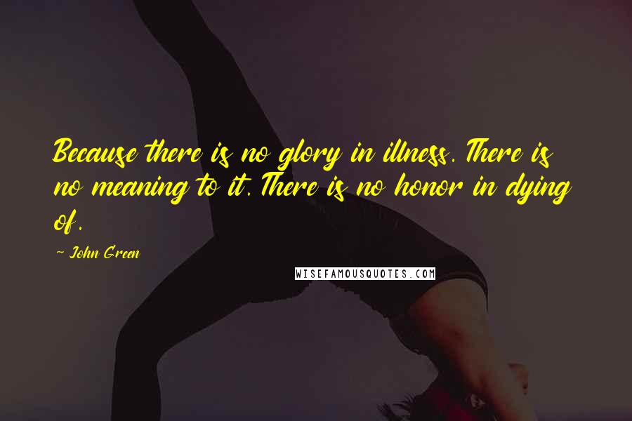 John Green Quotes: Because there is no glory in illness. There is no meaning to it. There is no honor in dying of.