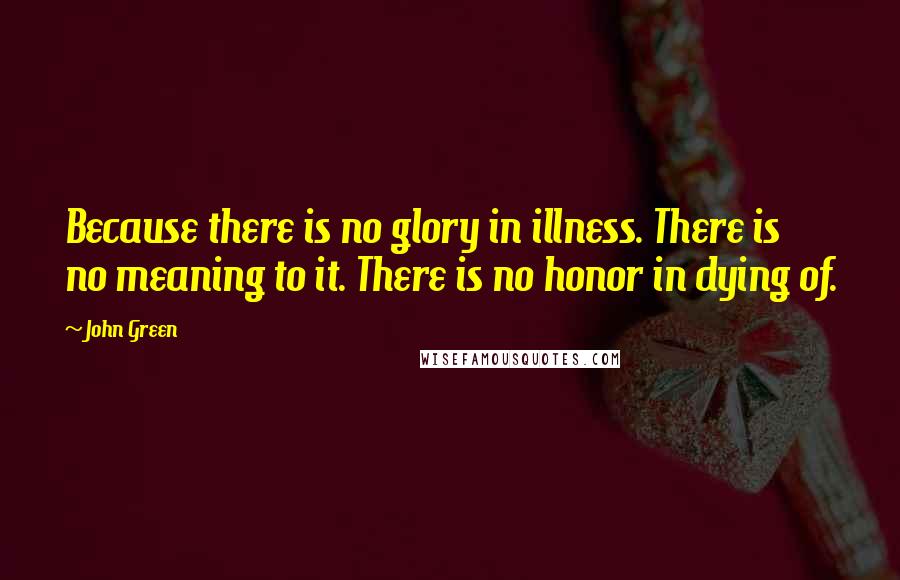 John Green Quotes: Because there is no glory in illness. There is no meaning to it. There is no honor in dying of.
