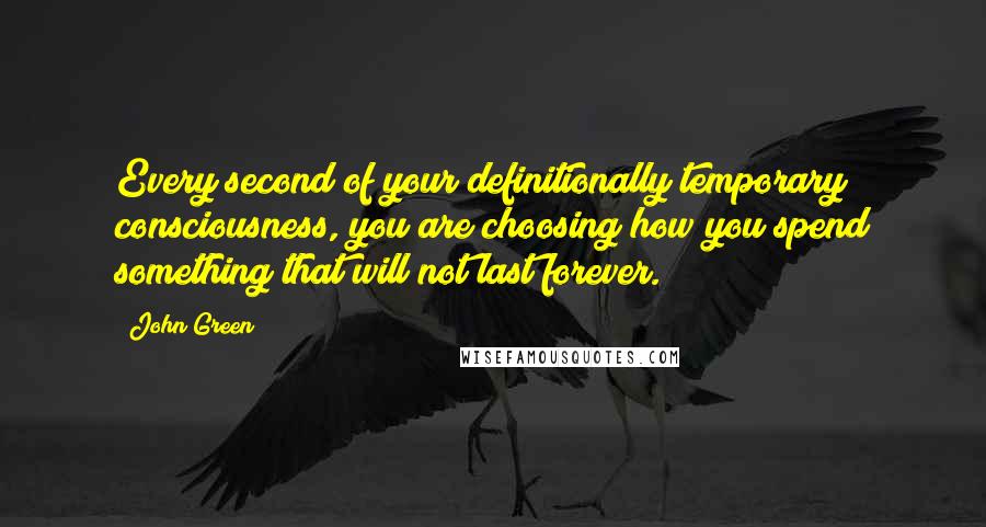 John Green Quotes: Every second of your definitionally temporary consciousness, you are choosing how you spend something that will not last forever.