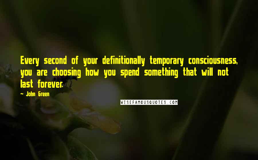 John Green Quotes: Every second of your definitionally temporary consciousness, you are choosing how you spend something that will not last forever.