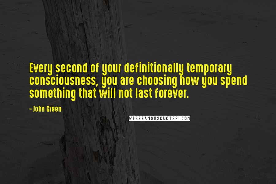 John Green Quotes: Every second of your definitionally temporary consciousness, you are choosing how you spend something that will not last forever.