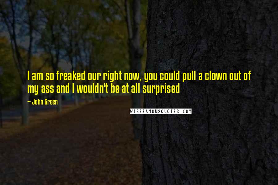 John Green Quotes: I am so freaked our right now, you could pull a clown out of my ass and I wouldn't be at all surprised