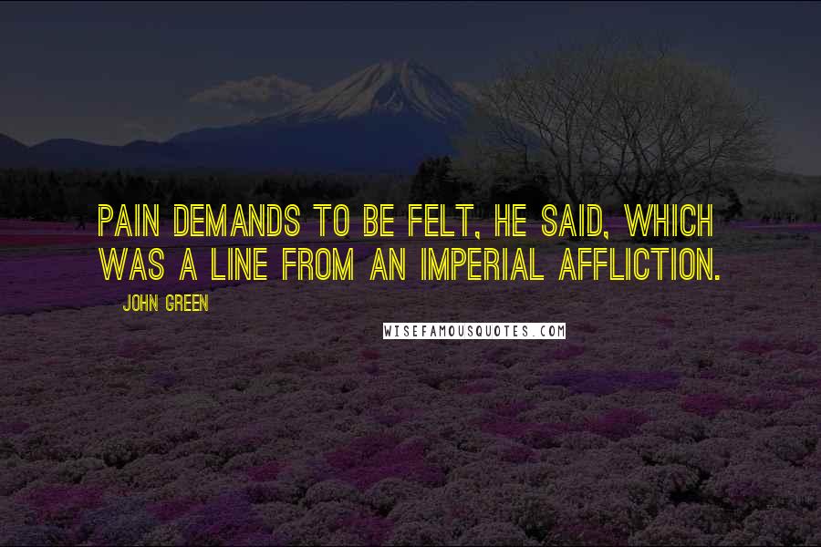 John Green Quotes: Pain demands to be felt, he said, which was a line from An Imperial Affliction.