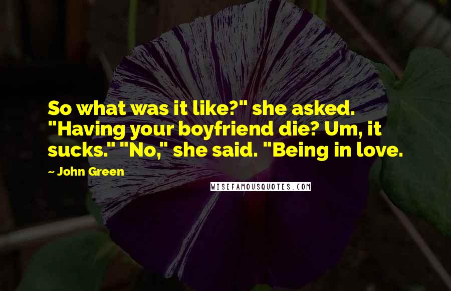 John Green Quotes: So what was it like?" she asked. "Having your boyfriend die? Um, it sucks." "No," she said. "Being in love.