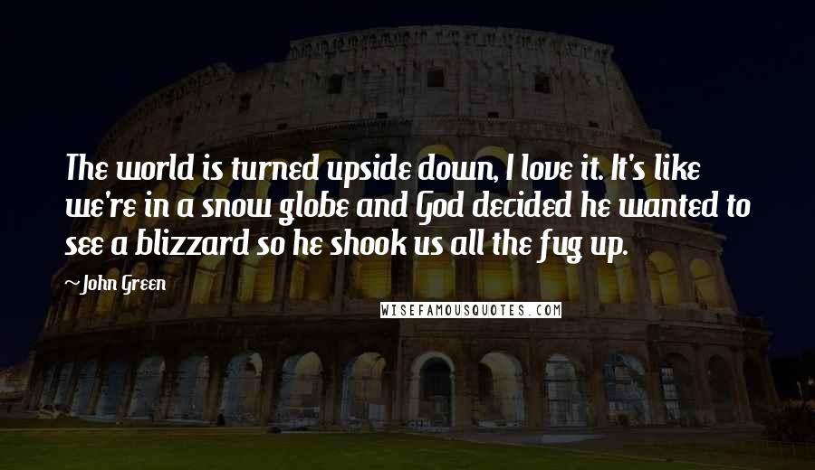 John Green Quotes: The world is turned upside down, I love it. It's like we're in a snow globe and God decided he wanted to see a blizzard so he shook us all the fug up.