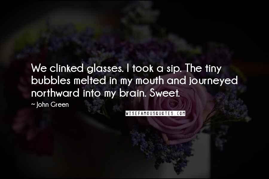 John Green Quotes: We clinked glasses. I took a sip. The tiny bubbles melted in my mouth and journeyed northward into my brain. Sweet.