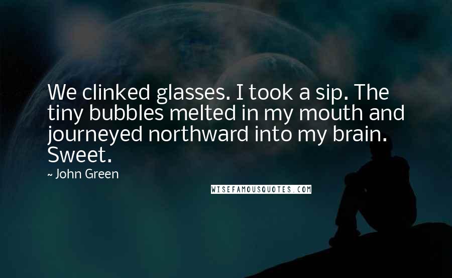 John Green Quotes: We clinked glasses. I took a sip. The tiny bubbles melted in my mouth and journeyed northward into my brain. Sweet.