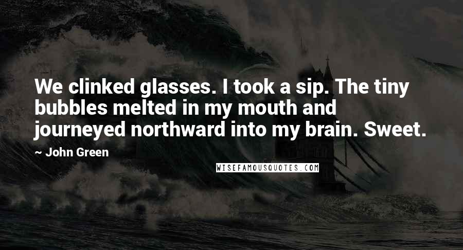 John Green Quotes: We clinked glasses. I took a sip. The tiny bubbles melted in my mouth and journeyed northward into my brain. Sweet.