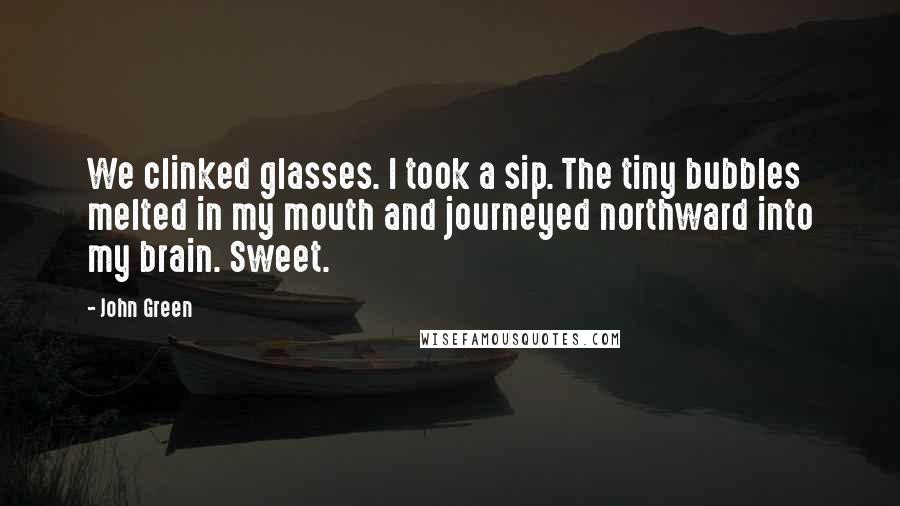 John Green Quotes: We clinked glasses. I took a sip. The tiny bubbles melted in my mouth and journeyed northward into my brain. Sweet.
