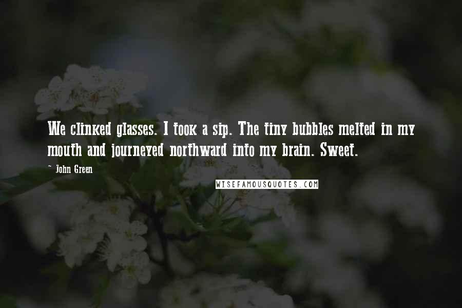 John Green Quotes: We clinked glasses. I took a sip. The tiny bubbles melted in my mouth and journeyed northward into my brain. Sweet.