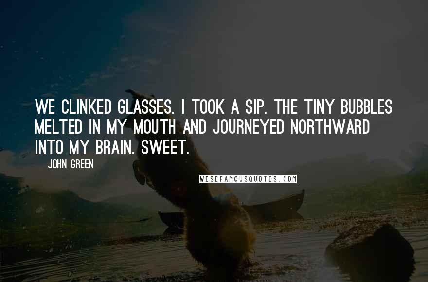 John Green Quotes: We clinked glasses. I took a sip. The tiny bubbles melted in my mouth and journeyed northward into my brain. Sweet.