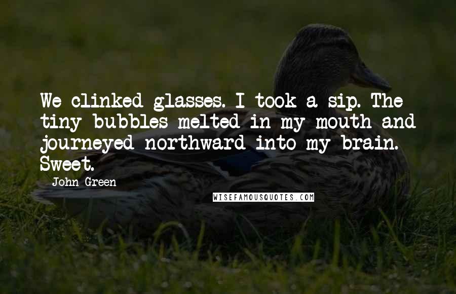John Green Quotes: We clinked glasses. I took a sip. The tiny bubbles melted in my mouth and journeyed northward into my brain. Sweet.