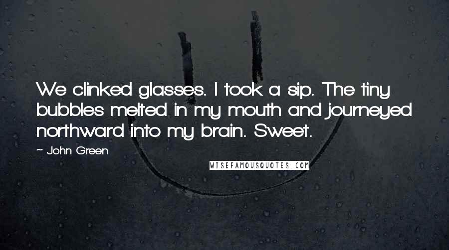 John Green Quotes: We clinked glasses. I took a sip. The tiny bubbles melted in my mouth and journeyed northward into my brain. Sweet.